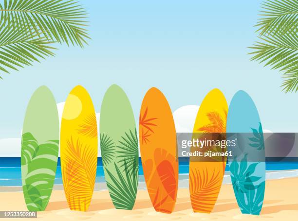 surfbretter am strand - surfbrett stock-grafiken, -clipart, -cartoons und -symbole