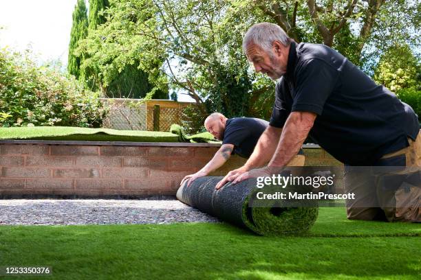 rolling out second roll - grass and lawns stock pictures, royalty-free photos & images