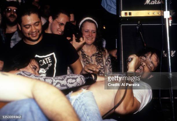 Rapper Ice-T and Body Count perform in concert at CBGB on August 12, 1991 in New York City.
