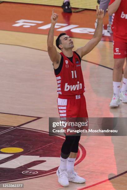 Kostas Sloukas, #11 of Olympiacos Piraeus react during the 2022/2023 Turkish Airlines EuroLeague Play Offs Game 5 match between Olympiacos Piraeus...