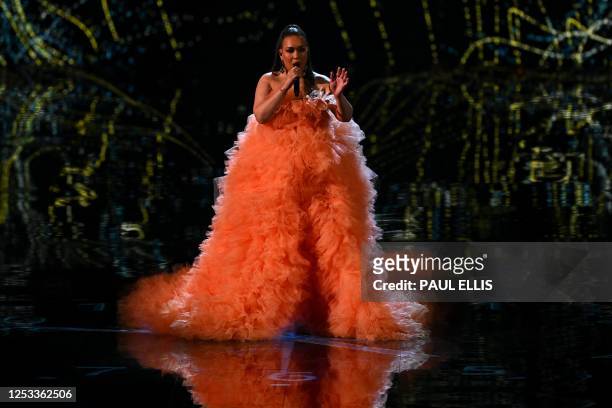 British singer Rebecca Ferguson performs during the first semi-final of the 2023 Eurovision Song contest at the M&S Bank Arena in Liverpool, northern...