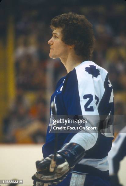 Darryl Sittler of the Toronto Maple Leafs looks on against the New York Rangers during an NHL Hockey game circa 1978 at Madison Square Garden in the...