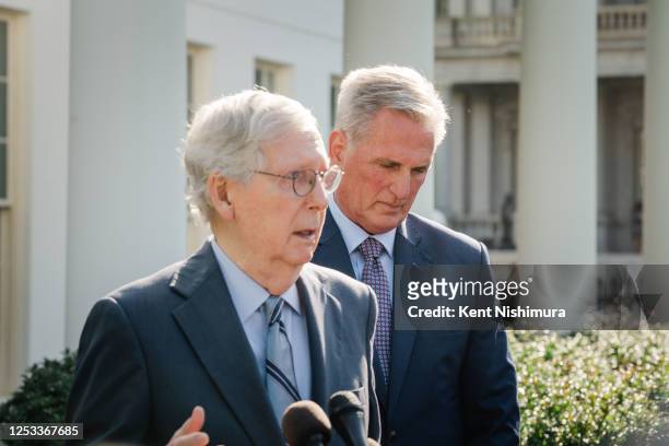 Speaker of the House Kevin McCarthy and Senate Minority Leader Mitch McConnell speak to reporters after meeting with President Joe Biden and Senate...