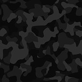 Seamless camouflage pattern. Black texture, vector illustration. Camo print background. Abstract military style backdrop