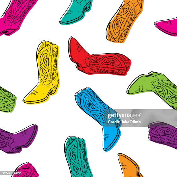 hand drawn boot pattern colorful - cowboy boots stock illustrations