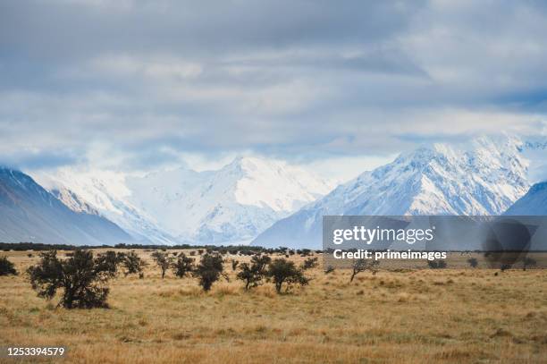 view of mt cook and fox glacier looking over lake matheson on the west coast of new zealand - south stock pictures, royalty-free photos & images