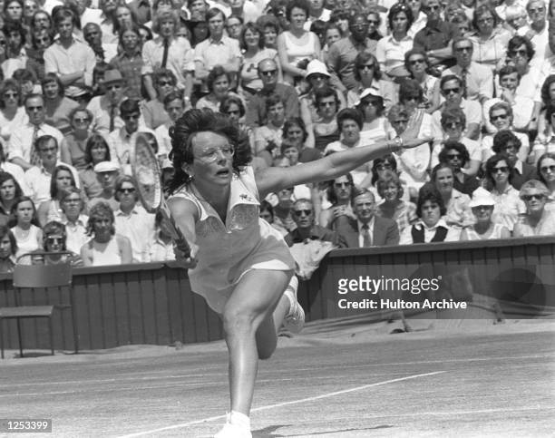 Billie Jean King on her way to victory in the Women's Singles Final at Wimbledon. She beat Chris Evert 6-0 7-5. Mandatory Credit: Allsport...