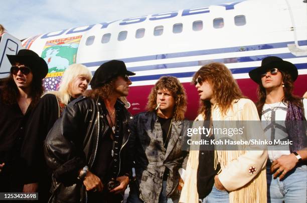 Musicians arriving at the airport for the Moscow Music Peace Festival 1989 at Luzhiniki Stadium, Moscow, Russia, 9th August 1989. Tom Keiger , Alexei...