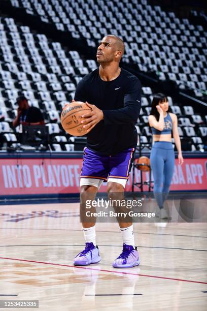Chris Paul of the Phoenix Suns warms up before Game Five of the Western Conference Semi-Finals of the 2023 NBA Playoffs against the Denver Nuggets on...