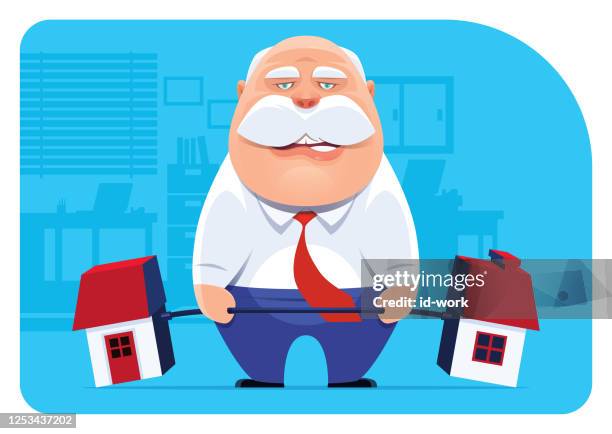 senior businessman lifting barbell house - old people exercise cartoon stock illustrations