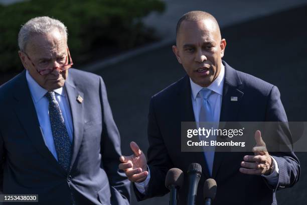 Representative Hakeem Jeffries, a Democrat from New York, and Senate Majority Leader Chuck Schumer, a Democrat from New York, speak to reporters...