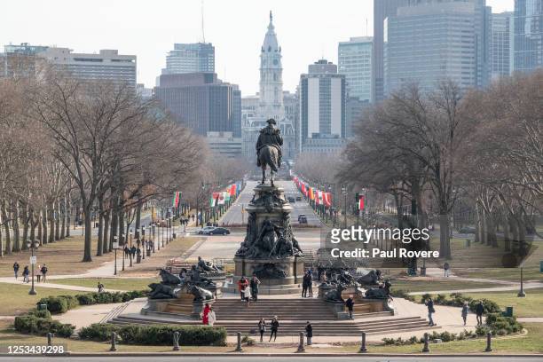 General view of the Washington Monument at Eakins Oval on Benjamin Franklin Parkway from the steps of the Philadelphia Museum of Art on December 25...
