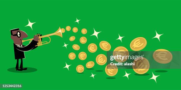 afroamerikanische ethnizität geschäftsmann trompeten und bekommen eine menge gold eu-währung (euro-zeichen-münze) aus seinem blechblasinstrument - european union currency stock-grafiken, -clipart, -cartoons und -symbole