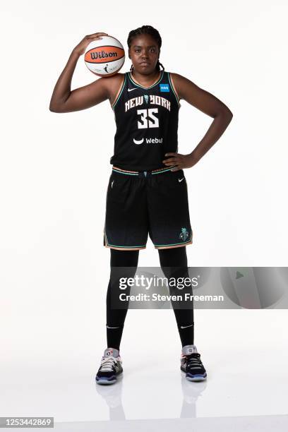 Jonquel Jones of the New York Liberty poses for a portrait during WNBA Media Day at Barclays Center on May 7, 2023 in Brooklyn, New York. NOTE TO...