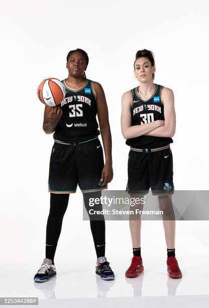 Jonquel Jones and Breanna Stewart of the New York Liberty pose for a portrait during WNBA Media Day at Barclays Center on May 7, 2023 in Brooklyn,...