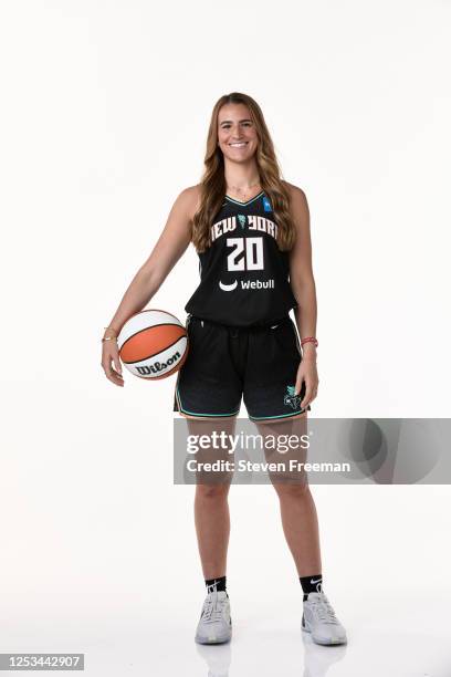 Sabrina Ionescu of the New York Liberty pose for a portrait during WNBA Media Day at Barclays Center on May 7, 2023 in Brooklyn, New York. NOTE TO...