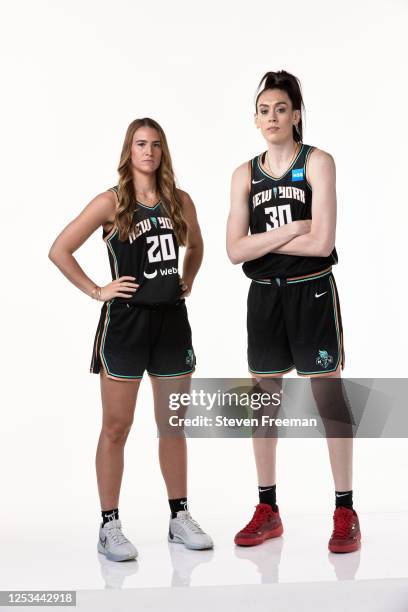 Sabrina Ionescu and Breanna Stewart of the New York Liberty pose for a portrait during WNBA Media Day at Barclays Center on May 7, 2023 in Brooklyn,...