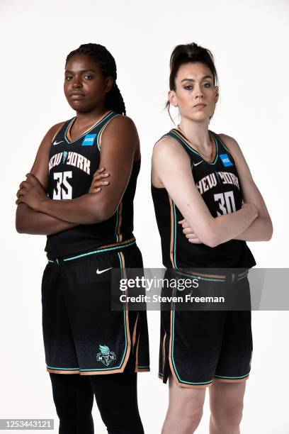 Jonquel Jones and Breanna Stewart of the New York Liberty pose for a portrait during WNBA Media Day at Barclays Center on May 7, 2023 in Brooklyn,...