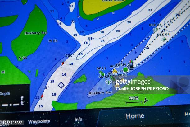 Chart shows the position of the kelp farm on the boat in Duxbury, Massachusetts on May 9, 2023.