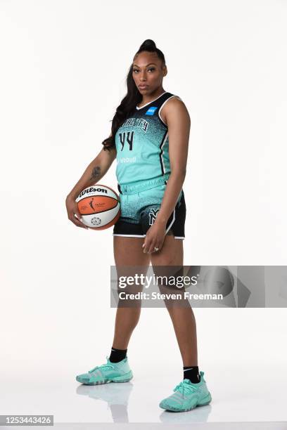 Betnijah Laney of the New York Liberty poses for a portrait during WNBA Media Day at Barclays Center on May 7, 2023 in Brooklyn, New York. NOTE TO...