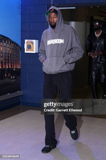 Kevin Durant of the Phoenix Suns arrives to the arena before Round 2 Game 5 of the Western Conference Semi-Finals 2023 NBA Playoffs against the...