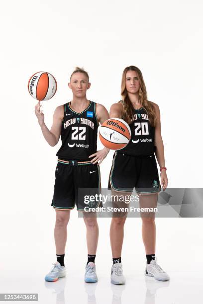 Courtney Vandersloot and Sabrina Ionescu of the New York Liberty pose for a portrait during WNBA Media Day at Barclays Center on May 7, 2023 in...