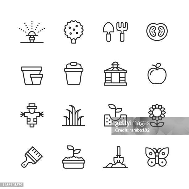 garden line icons. editable stroke. pixel perfect. for mobile and web. contains such icons as sprinkler, water, irrigation, tree, agriculture, fruit, pitchfork, garden trowel, tomato, bucket, arbor, scarecrow, grass, seed, soil, flower, butterfly. - raking leaves stock illustrations