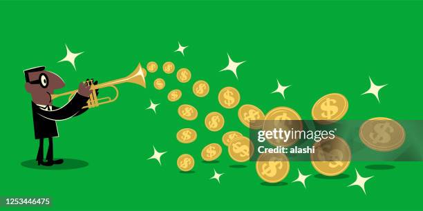afroamerikanische ethnizität geschäftsmann trompeten und immer eine menge gold dollar zeichen usa währungsmünzen aus seinem messing-instrument - african development bank stock-grafiken, -clipart, -cartoons und -symbole