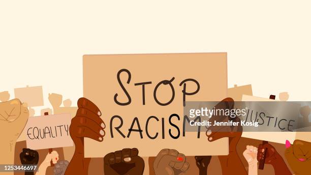 illustrated protest crowd with signs - social justice concept stock illustrations