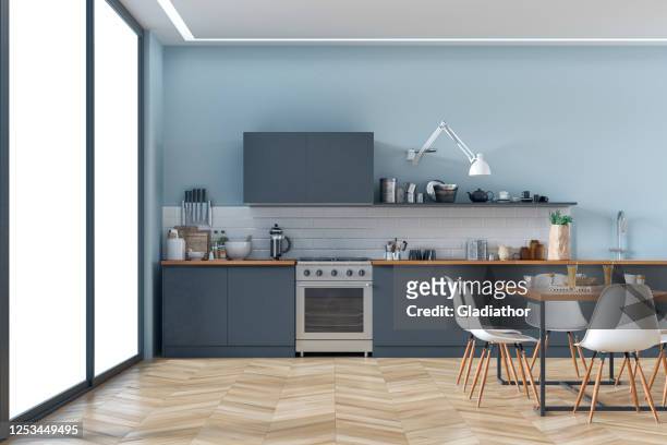 moderne küche und esszimmer stock foto - kitchen stock-fotos und bilder