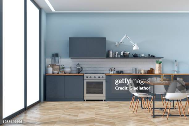 moderne foto van de keuken en de eetkamervoorraad - grey colour stockfoto's en -beelden