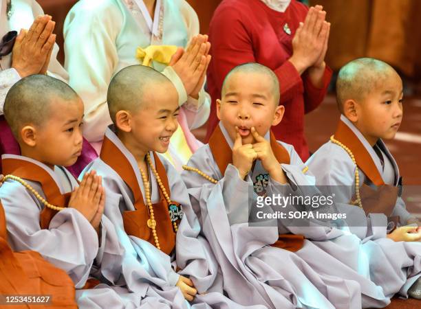South Korean child monks attend an event to celebrate the upcoming Buddha's birthday at Jogye Temple in Seoul. Young children are annually invited to...