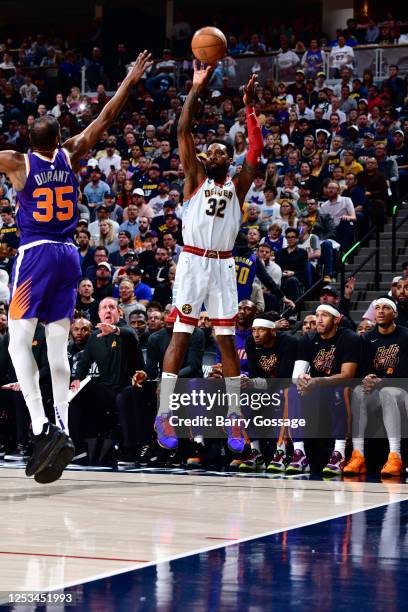 Jeff Green of the Denver Nuggets shoots a three point basket during Game Five of the Western Conference Semi-Finals of the 2023 NBA Playoffs against...