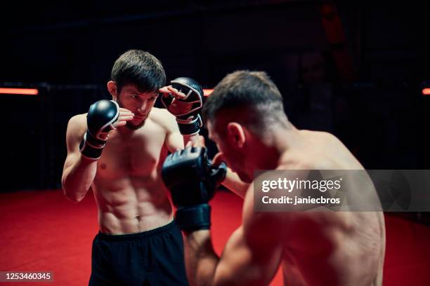 mma fighters throw punches in octagon - octagon box stock pictures, royalty-free photos & images