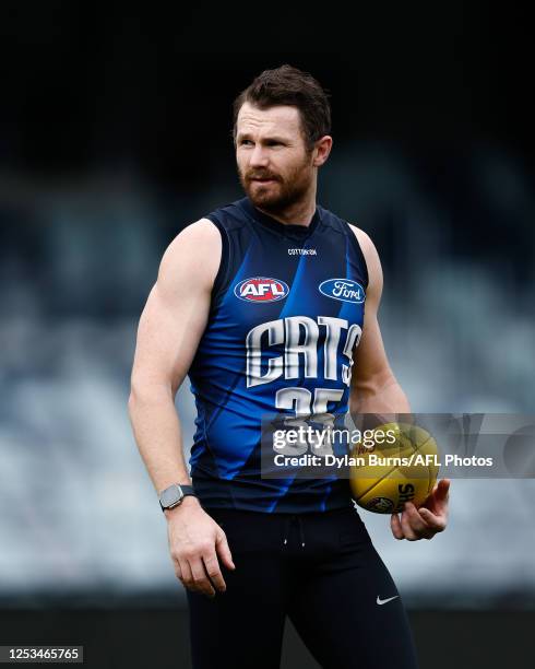 Patrick Dangerfield of the Cats looks on during the Geelong Cats training session at GMHBA Stadium on May 10, 2023 in Geelong, Australia.