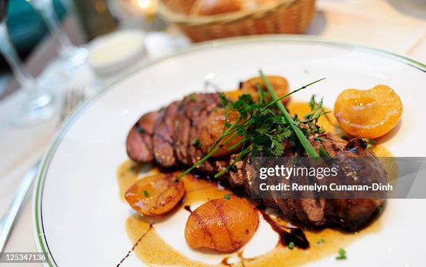 seared duck breast with apricots - ankbröst bildbanksfoton och bilder