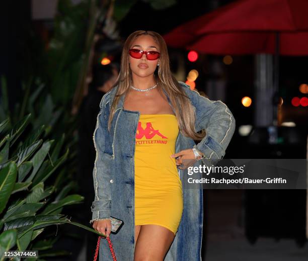 Jordyn Woods is seen arriving to the PRETTYLITTLETHING X KAPPA launch party at Sunset Room Hollywood on May 09, 2023 in Los Angeles, California.