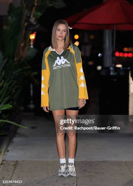 Josephine Skriver is seen arriving to the PRETTYLITTLETHING X KAPPA launch party at Sunset Room Hollywood on May 09, 2023 in Los Angeles, California.