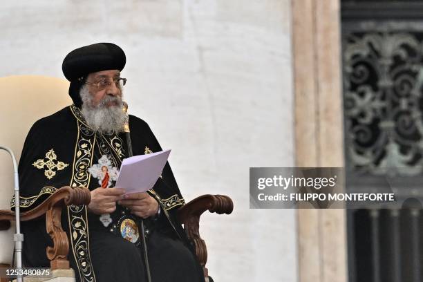 Leader of the Coptic Orthodox Church of Alexandria, Pope Tawadros II attends Pope Francis' weekly general audience on May 10, 2023 at St. Peter's...