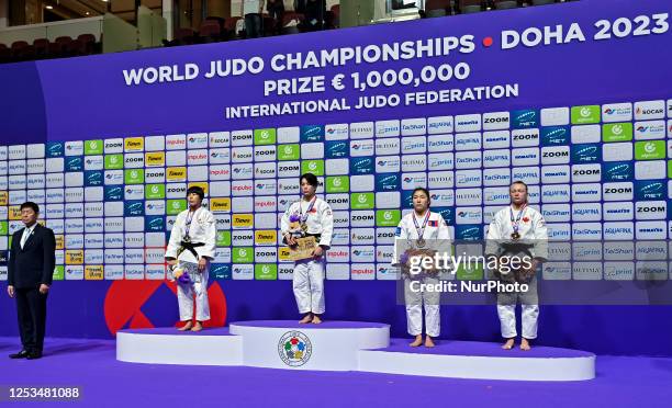 Gold medalist Christa Deguchi of Canada , Silver medalit Haruka Funakubo of Japan, Bronze medalists ALkhagvatogoogiin Enkhriilen of Mongolia and...