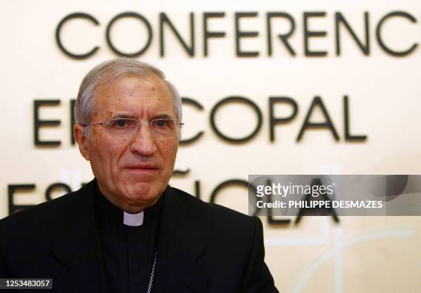 Archbishop of Madrid, Cardinal Antonio Maria Rouco Varela takes part in a press conference at the Spanish Episcopal Conference after being re-elected...