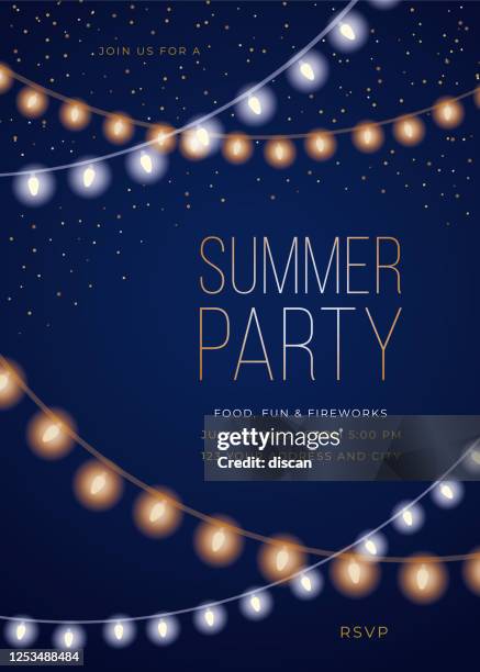 sommer-party-einladung-vorlage mit string lights. - tropical music stock-grafiken, -clipart, -cartoons und -symbole