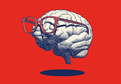 Retro drawing of brain with eyeglasses illustration on red BG