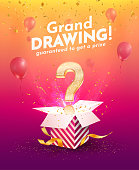 Winning gifts lottery vector illustration. Grand drawing. Open textured box with golden question mark and confetti explosion off and on bright background.