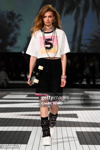 Model on the runway at Chanel Cruise 2024 Ready To Wear Fashion Show at Paramount Studios on May 9, 2023 in Los Angeles, California.