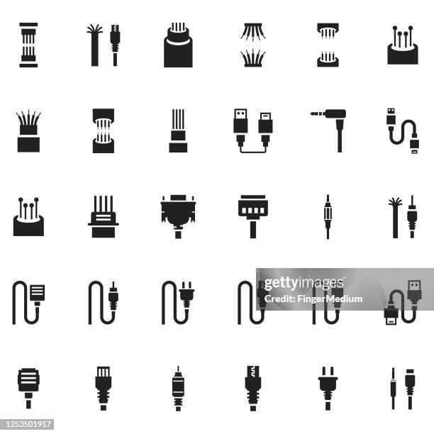 optical fiber and cable icon set - wire stock illustrations
