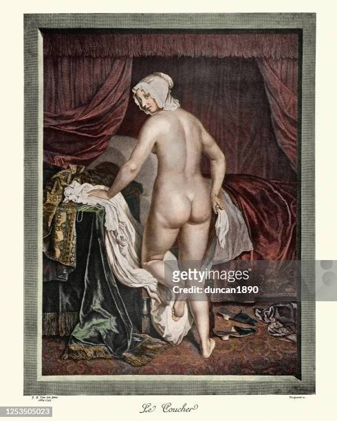 young woman undressing for bed, bedtime, 17th century - nightcap stock illustrations