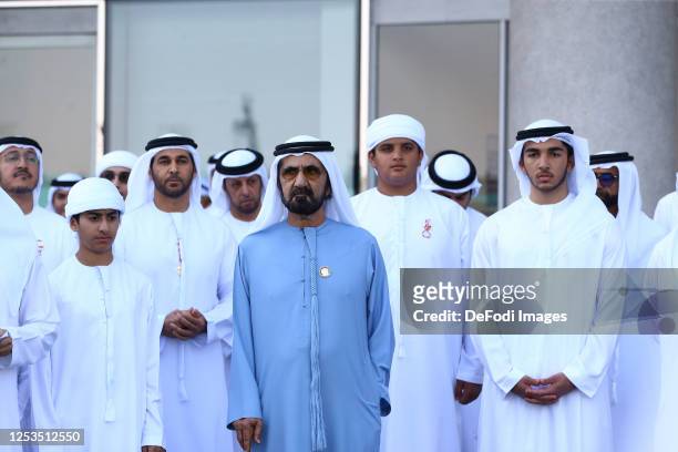Emir of Dubai Mohammed bin Rashid Al Maktoum looks on during the Dubai World Cup at Meydan Racecourse on March 25, 2023 in Dubai, United Arab...