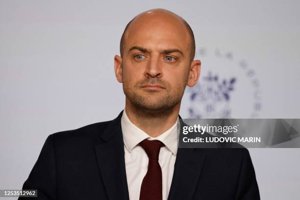 French Junior minister for Digital Transition and Telecommunications Jean-Noel Barrot presents the text "Security and regulation of the digital...