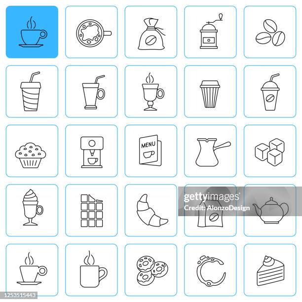 coffee shop line icons. ediatable stroke. - tip jar stock illustrations